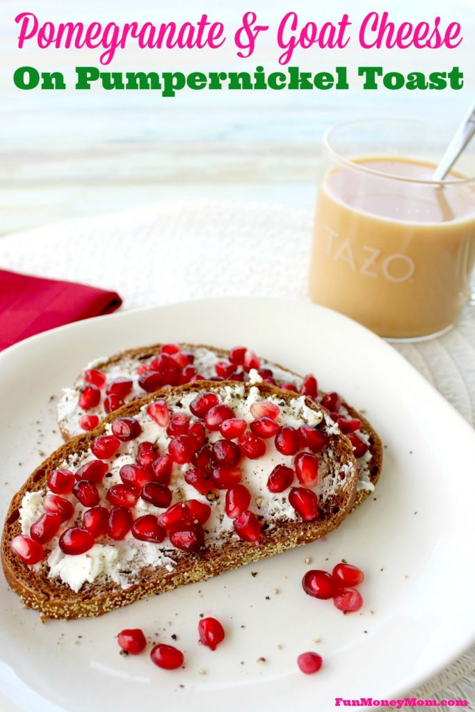 pomegranate & goat cheese on pumpernickel toast