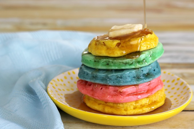 Easy rainbow pancakes are even better when they're covered in syrup