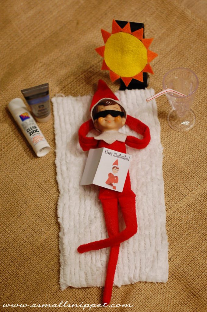 Elf On The Shelf Ideas - Sunbathing Elf