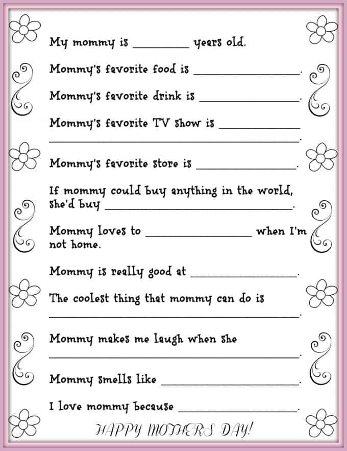 Dad, or even siblings, can help the little ones fill out this Mother's Day questionnaire.