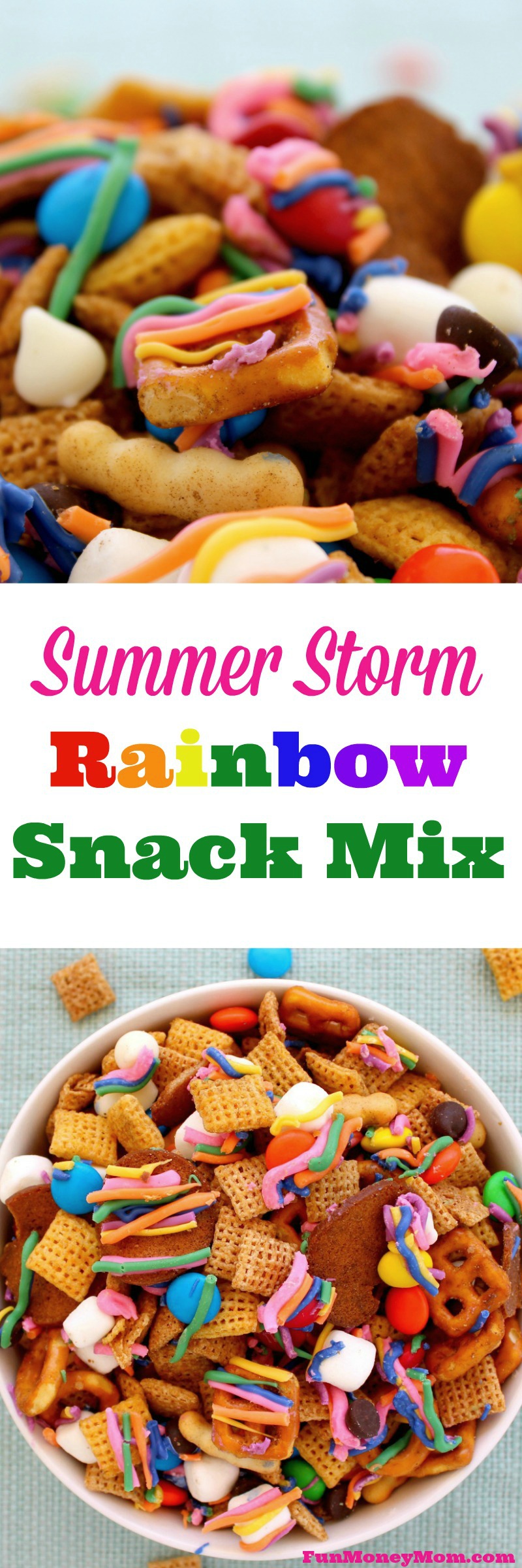 Don't just sit around during a summer storm waiting for a rainbow to appear. Grab the kids and make your own delicious rainbows with this Summer Storm Rainbow Snack Mix! #StormStockUp #ad