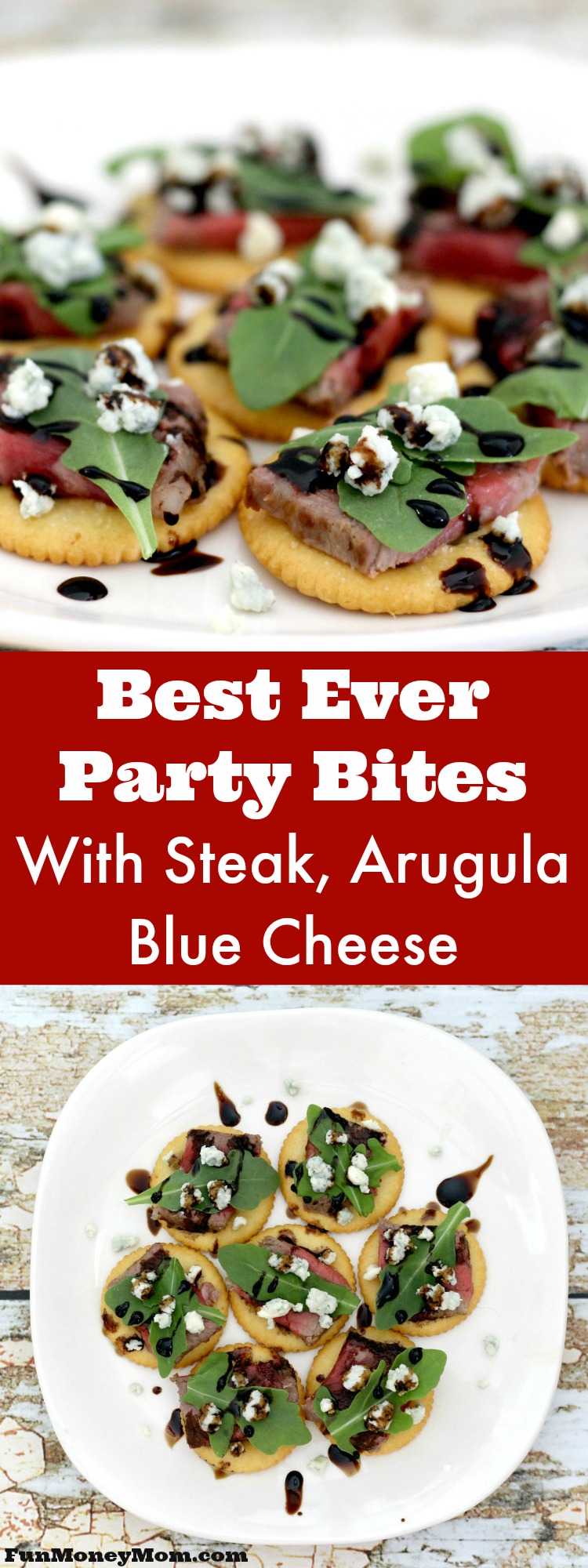 These party crackers with steak, arugula and blue cheese are one of my new favorite party foods! Not only is this an easy appetizer recipe, it's absolutely delicious too! #RITZspiration #ad