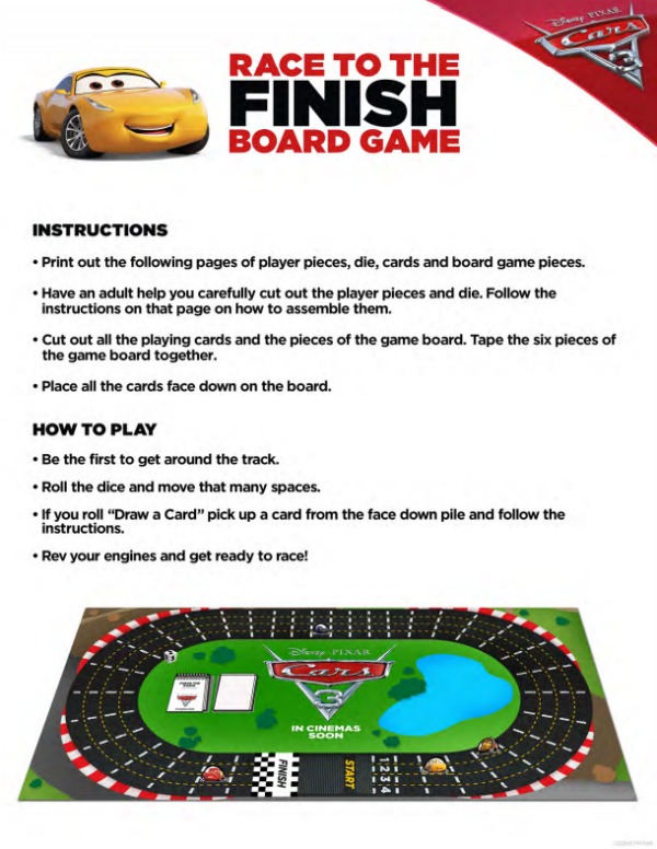 Cars 3 free printables Race To The Finish Board Game