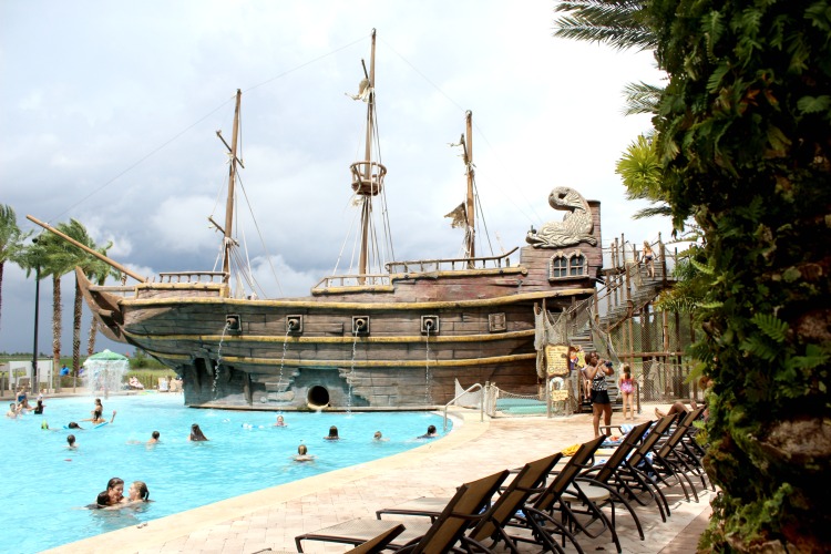 Kids love the giant pirate ship with waterslide.