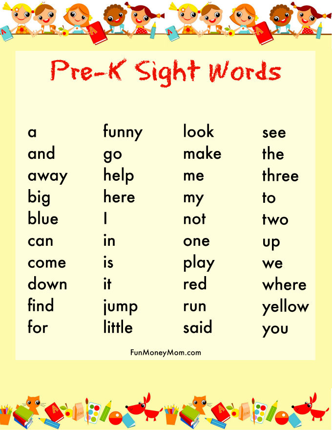 Printable Pre K Sight Words