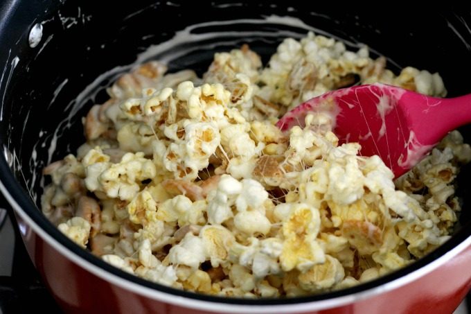 Mix the popcorn snack ingredients