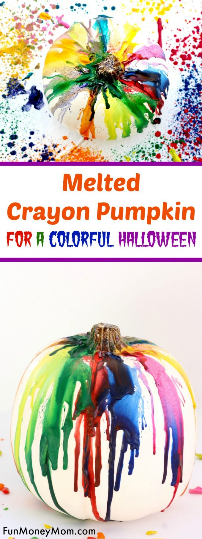 Want a great, no carve pumpkin idea for Halloween? This colorful melted crayon pumpkin is so much fun to make that you may not be able to stop at just one!