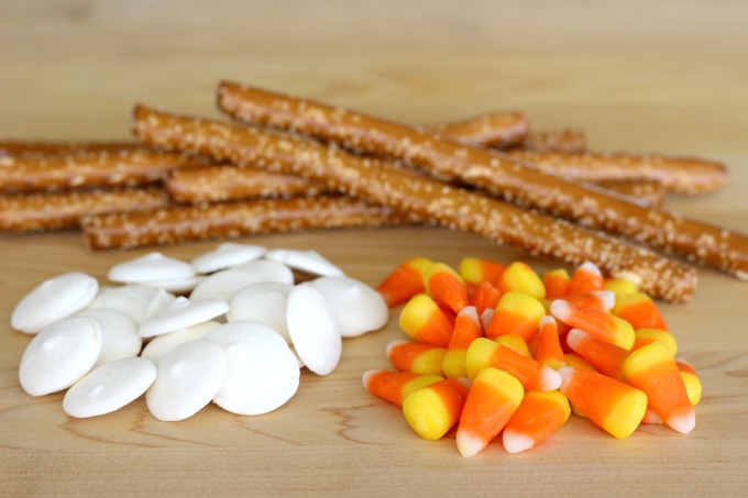 Your three main ingredients for candy corn pretzels are pretty easy.