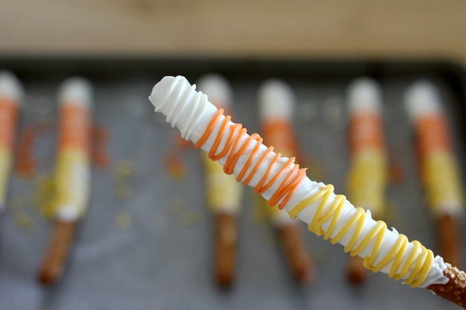 Finally, drizzle on some white and put the candy corn pretzels in the fridge to harden.