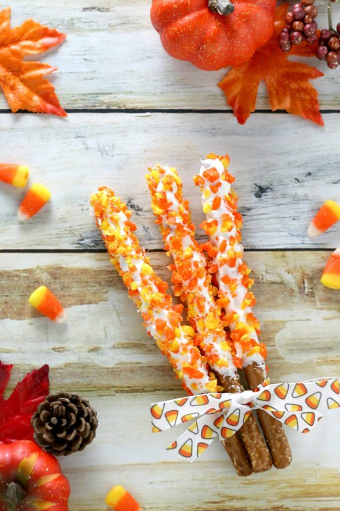 Candy corn pretzels are perfect for Halloween parties.
