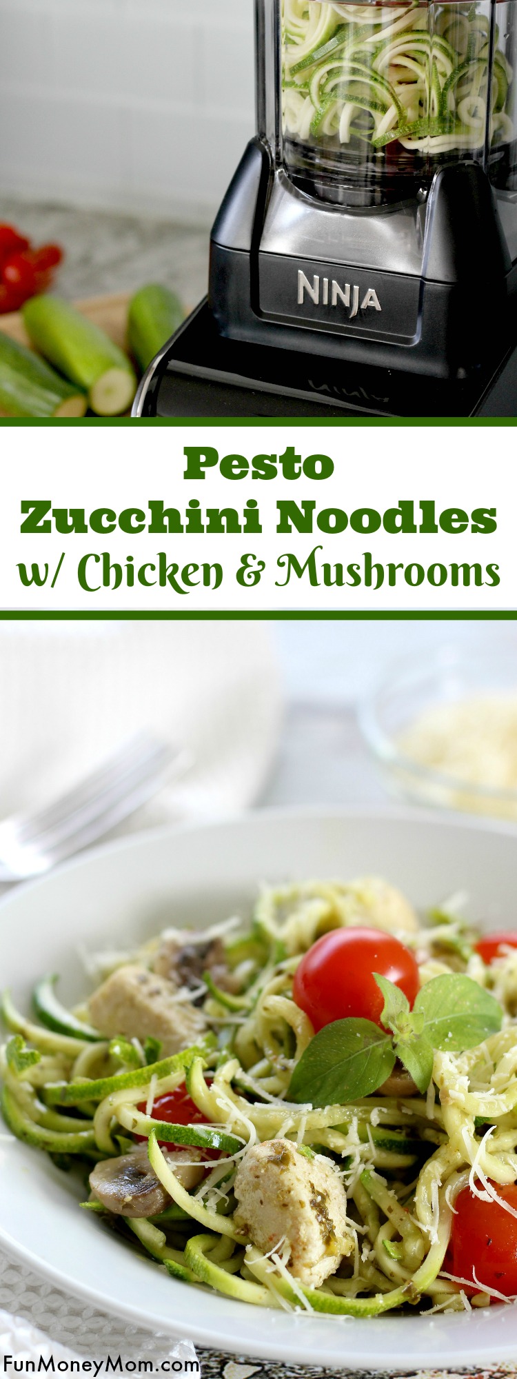 Looking for a healthy dinner recipe the entire family will love? The kids will love eating their veggies when you serve these delicious Pesto Zucchini Noodles With Chicken And Mushrooms.