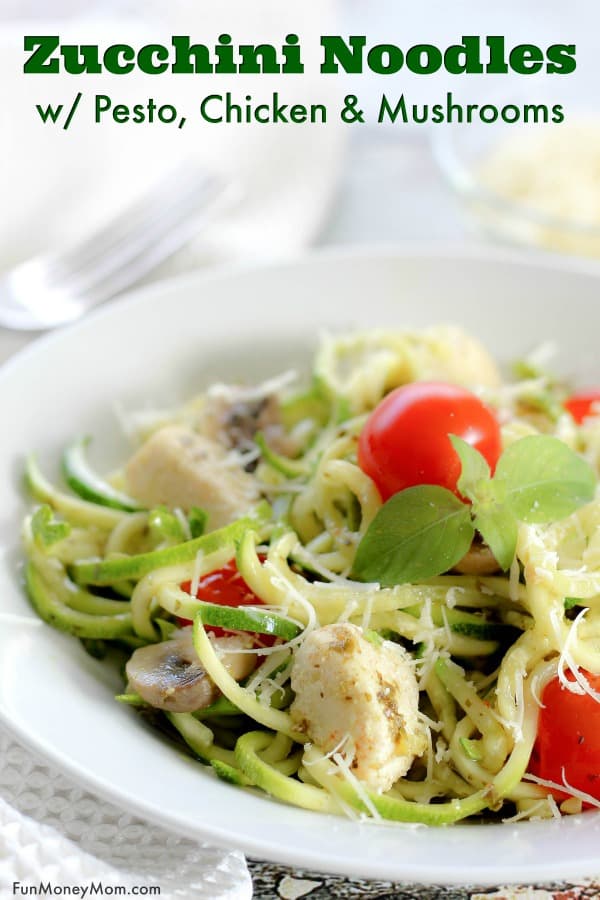 Zucchini Noodles Recipe - Want a healthy dinner recipe the entire family will love? The kids will love eating their veggies when you serve these delicious Zucchini Noodles withPesto, Chicken And Mushrooms. Also known as zoodles, spiralized zucchini recipes make the perfect healthy meal! #zucchininoodles #zucchinirecipe #zoodles #zucchininoodleswithpesto #pesto #dinnerrecipe #spiralizedzucchini