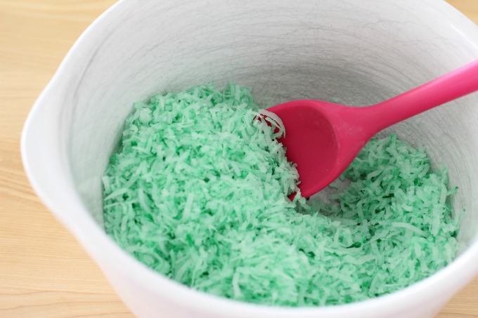 Mix the food coloring into the coconut