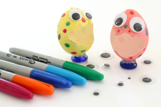 Wiggle eyes and markers turned these broken eggs into Easter egg monsters.