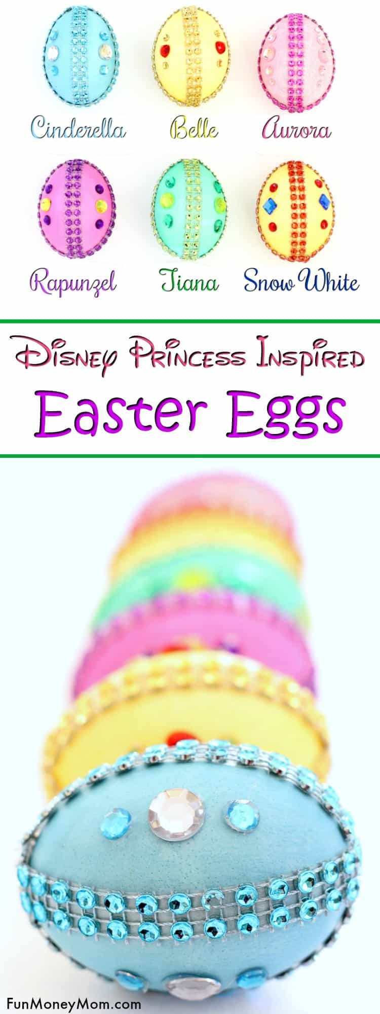 Disney Princess Easter Eggs - Planning on decorating Easter eggs for the holidays? These pretty Easter egg decorating ideas are perfect. If your kids are Disney Princess fans, they'll really love making their own princess inspired jeweled Easter eggs! #eastereggs #princesseggs #eastercraft #eastereggdecorating