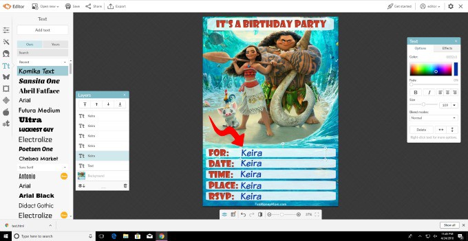 Type all the information directly on to the birthday invitation