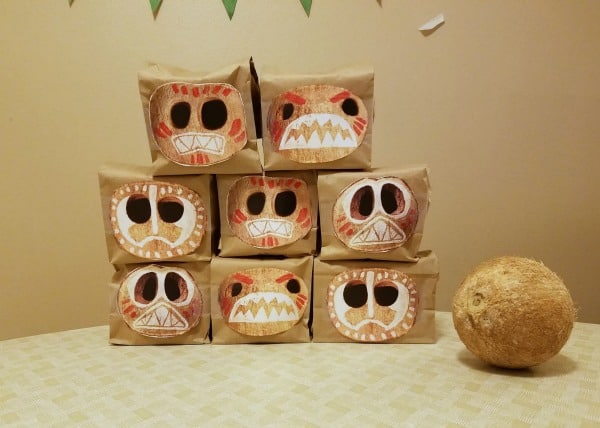 Coconut Bowling for a Moana party game