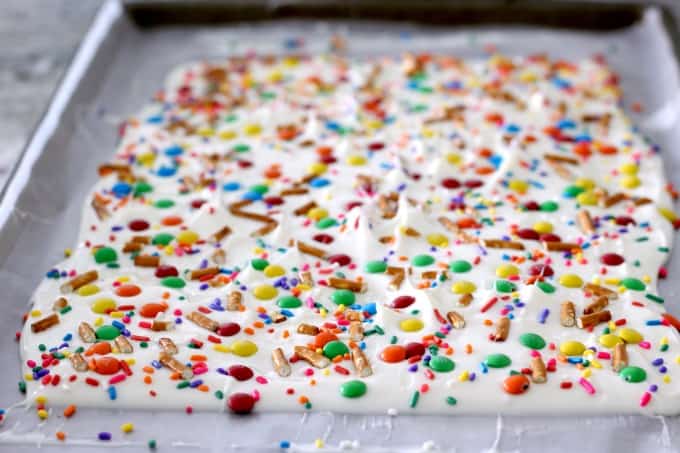 Place the white chocolate bark in the freezer to harden