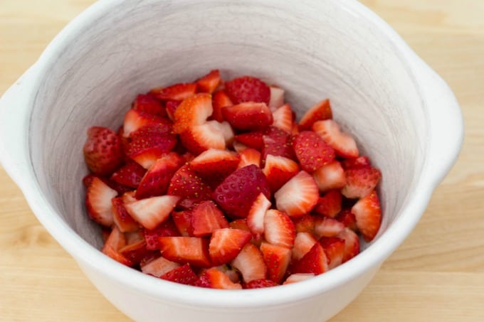 Chopped strawberries in bowl