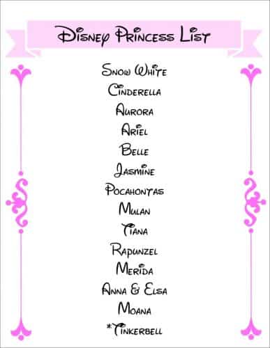 Disney Princess List printable