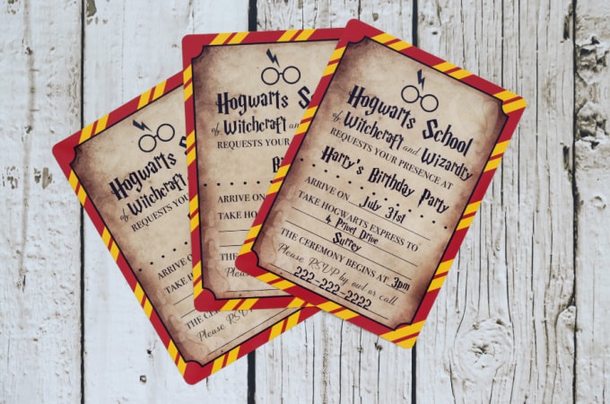 Harry Potter invitations on wood background