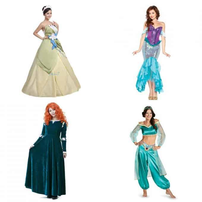 Disney princess costumes for Tiana, Ariel, Jasmine and Merida