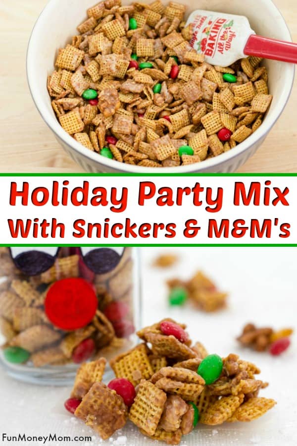 Party Mix Recipe - Looking for a delicious holiday party mix? You can't go wrong with this chocolate party mix with Snickers and M&M's. It's perfect for a holiday DIY gift or a yummy party snack! #partymixrecipe #partymix #chexmixrecipe #snickers #partyfood #snacks