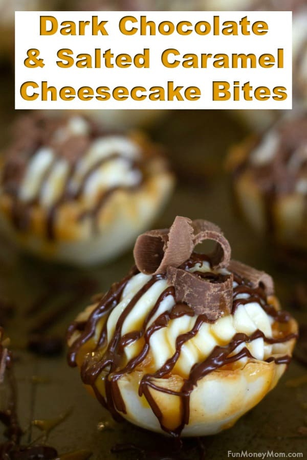 No bake cheesecake - This salted caramel cheesecake with dark chocolate is the perfect easy dessert recipe for your next party. It's a no bake cheesecake that you can make in 20 minutes, though these bite size desserts may disappear even faster than that! #cheesecake #nobakecheesecake #caramel #cheesecakebites #bitesizedessert #partyfood #dessertrecipe