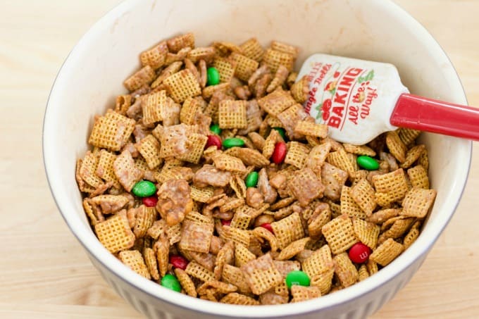 Again, stir until the Chex party mix is evenly covered