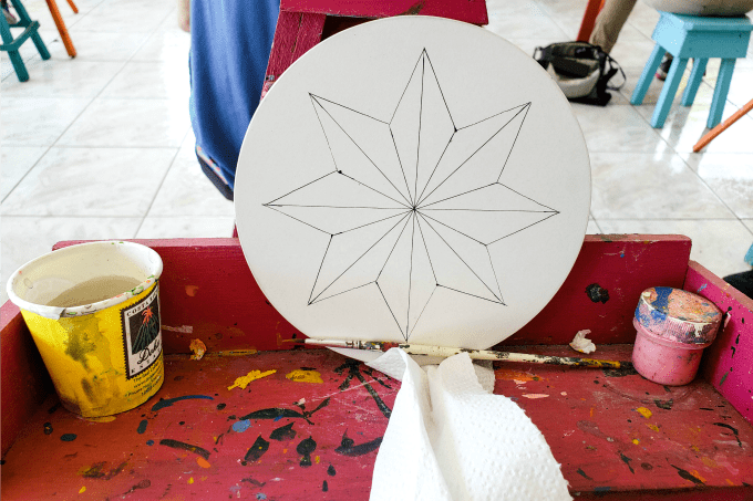 Getting ready to paint a wheel at Sarchi Artisan Village