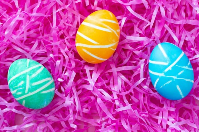 Rubber band Easter eggs on Easter grass