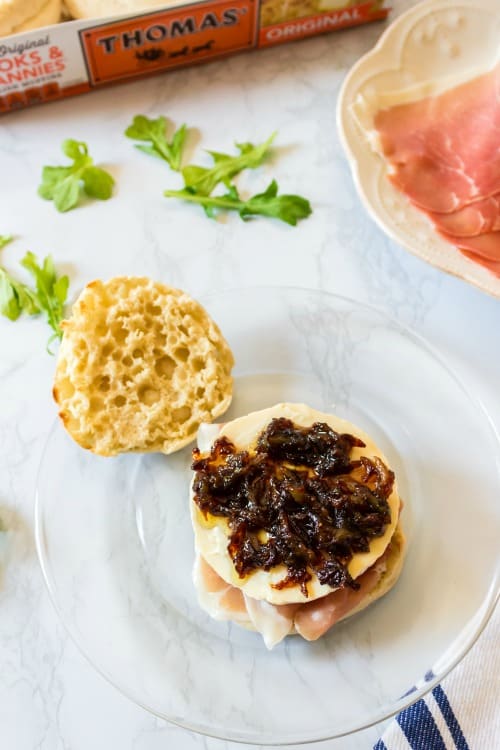 Caramelized onions over brie and prosciutto