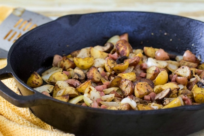 Breakfast potatoes with mushrooms and onion