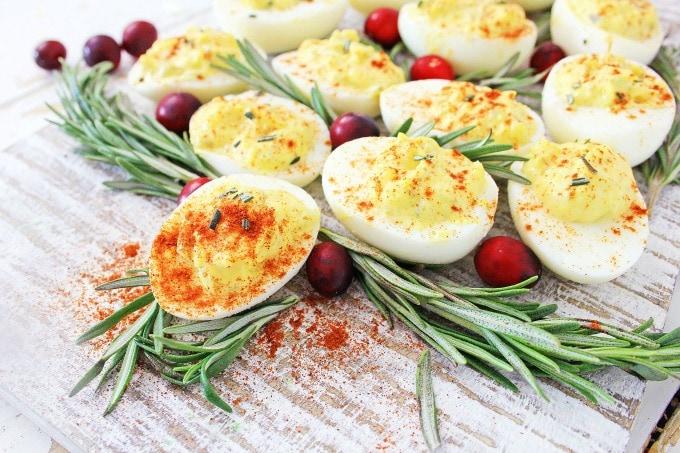 Christmas deviled eggs with rosemary