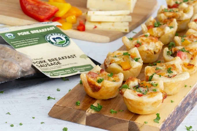 Sausage, pepper and onion puff pastry bites with Niman Ranch sausage