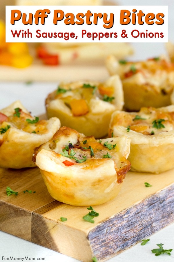 Sausage, Pepper & Onion Puff Pastry Bites Pin 1