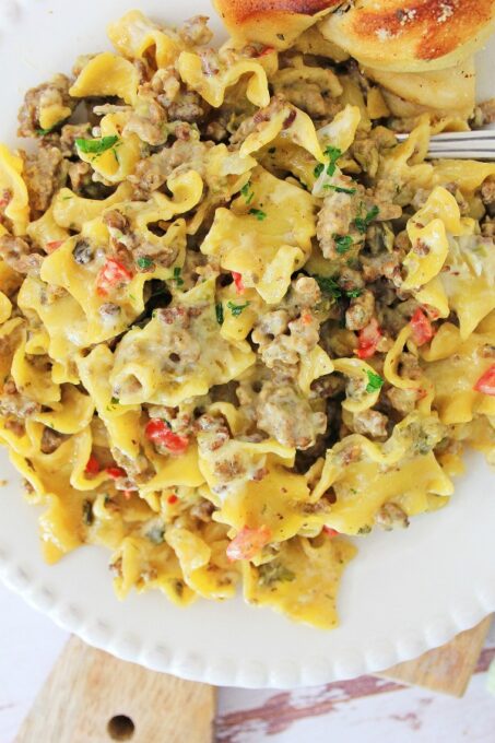 One skillet philly cheese steak pasta from above