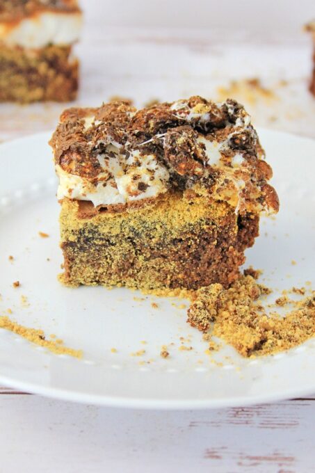 Smores brownie on plate with crumbs
