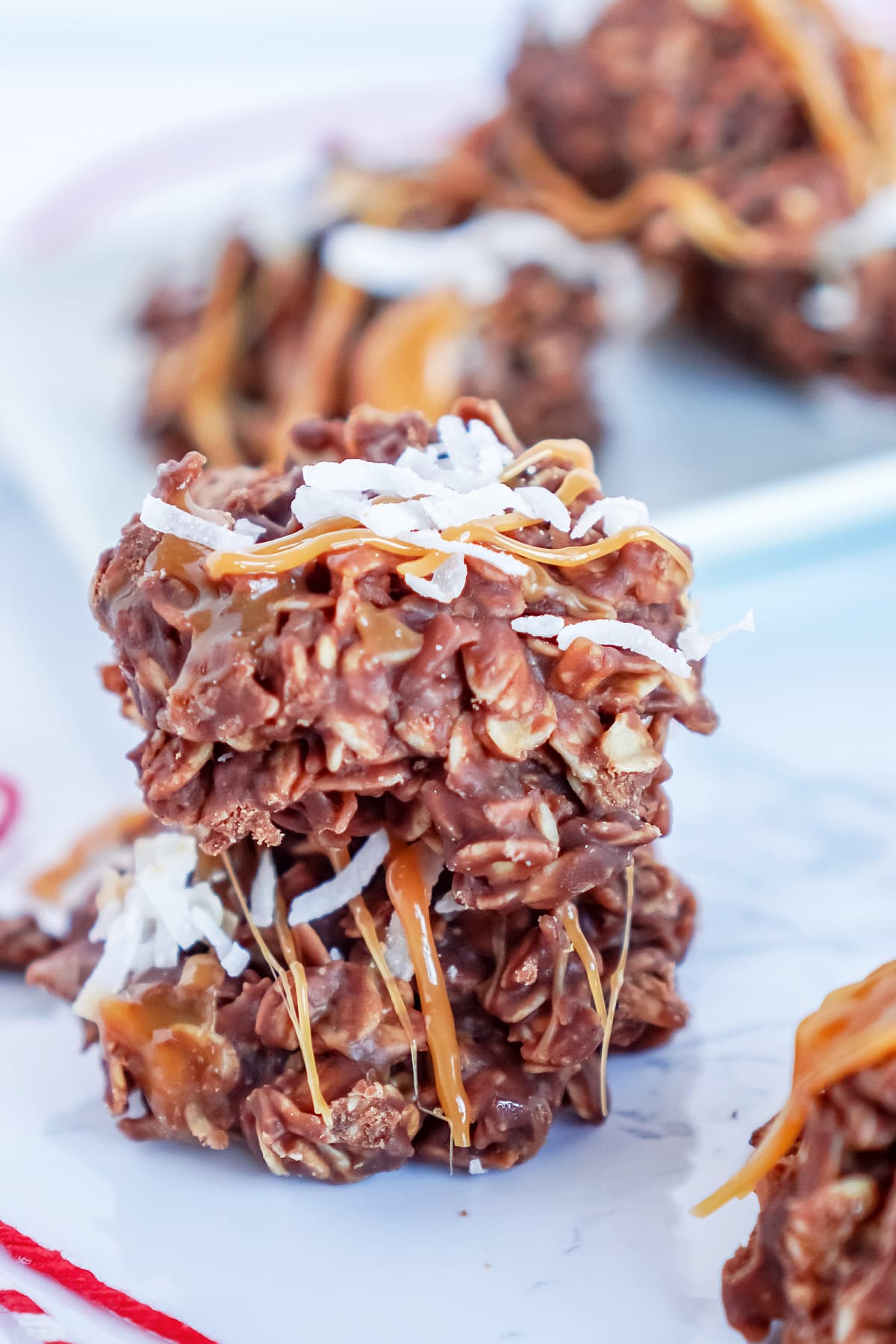 Peanut Butter and Coconut No Bake Cookies stacked
