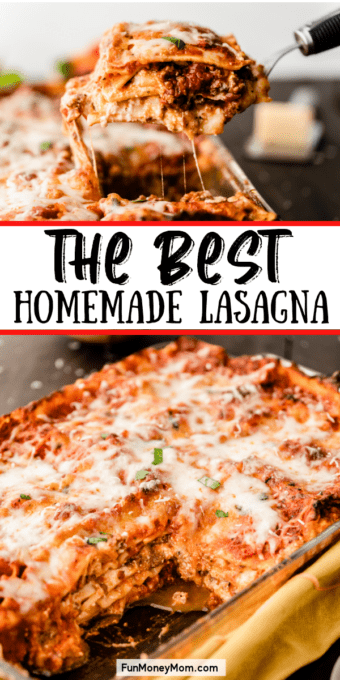 Homemade lasagna images in pan and on spatula
