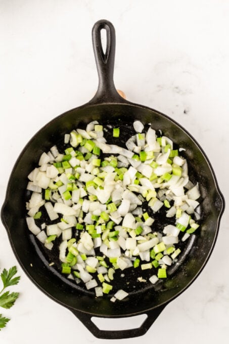 Onions, celery and garlic in skillet