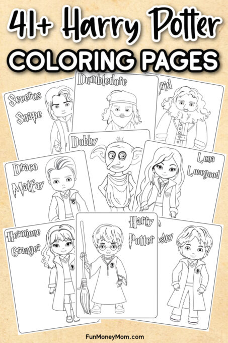 Several Harry Potter Printable Coloring Pages on a tan background