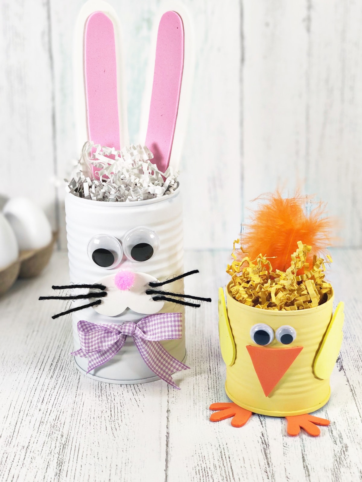 Picture of tin can crafts with Easter bunny and chick