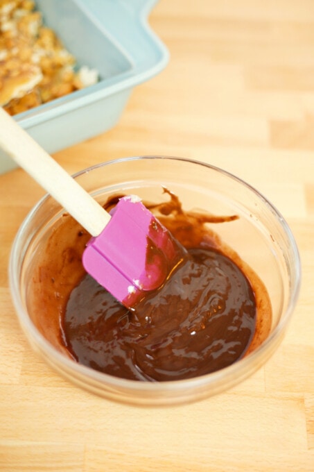 Mixing chocolate with butter and syrup.