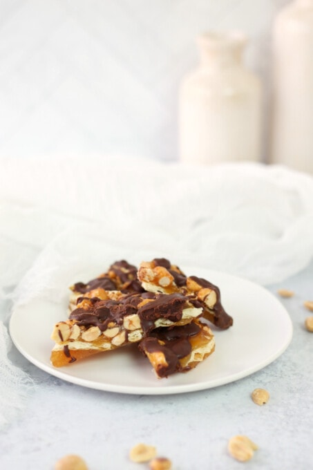 Saltine toffee on a white plate