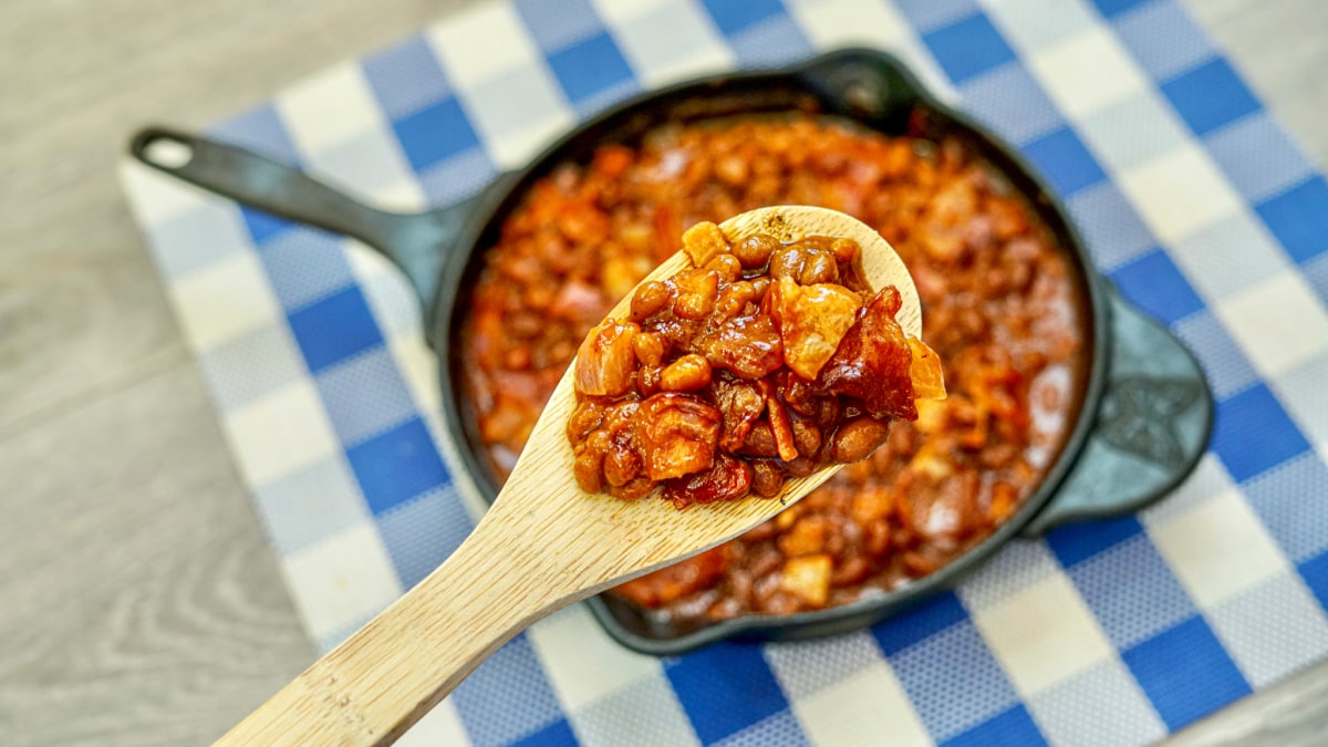 Bacon baked beans on a spoon