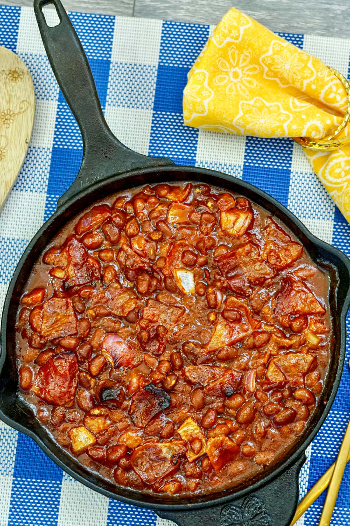 Baked Beans with bacon in skillet
