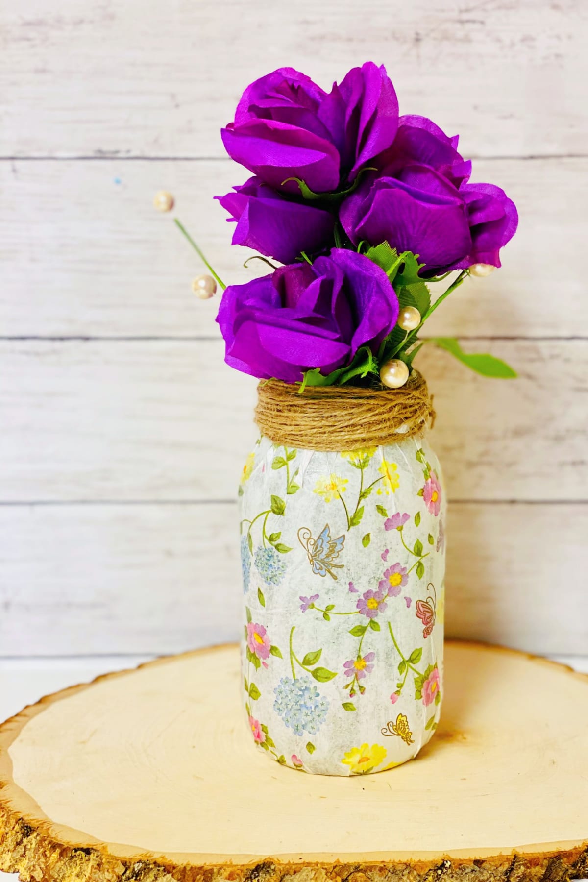 mason jar vase with purple flowers