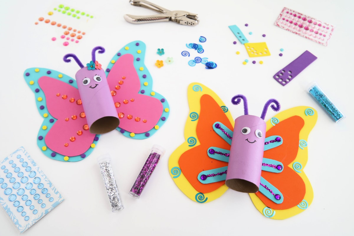 Toilet Paper Roll Craft Butterflies with craft materials