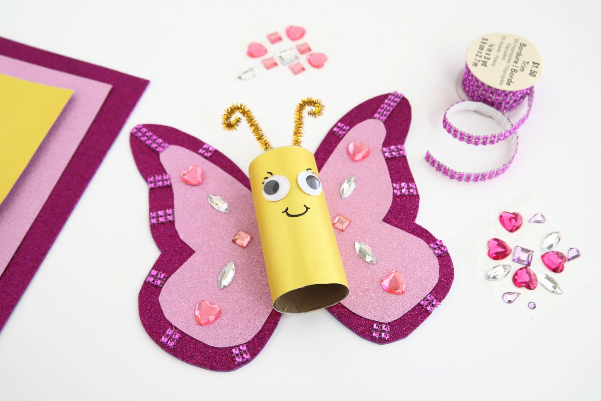 Toilet paper roll butterfly made with glitter foam